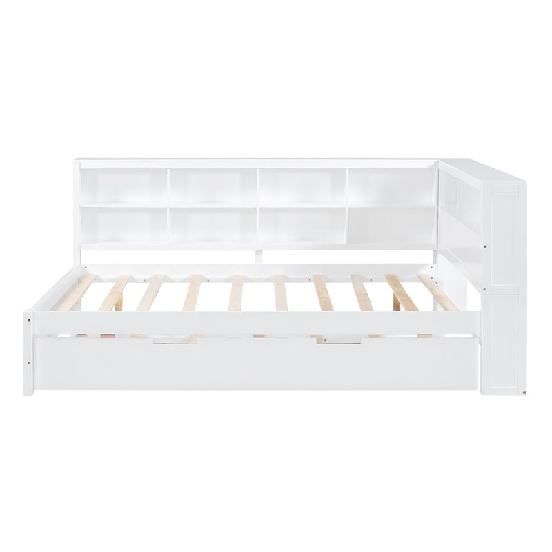 Wooden Full Size Daybed With Twin Size Trundle, Daybed With Storage Shelf And USB Charging Ports - White