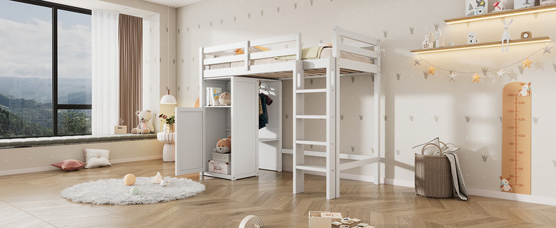 Twin Loft Bed with Wardrobe, Storage Shelves and Ladder, White