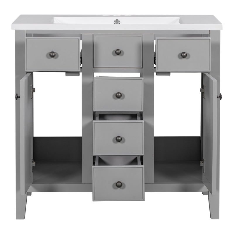 Bathroom Vanity With Ceramic Basin, Two Cabinets And Five Drawers, Solid Wood Frame, Gray