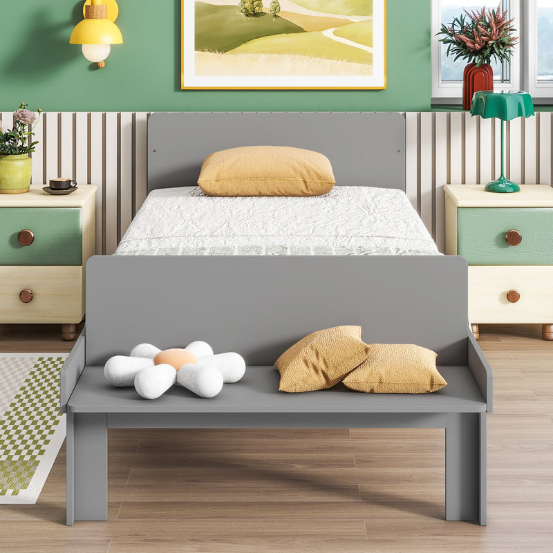 Twin Bed with Footboard Bench,Grey