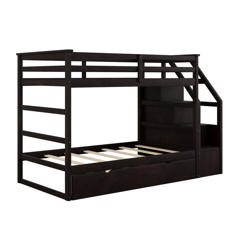 Twin-Over-Twin Bunk Bed with Twin Size Trundle and 3 Storage Stairs,Espresso (OLD SKU :LP000064AAP)