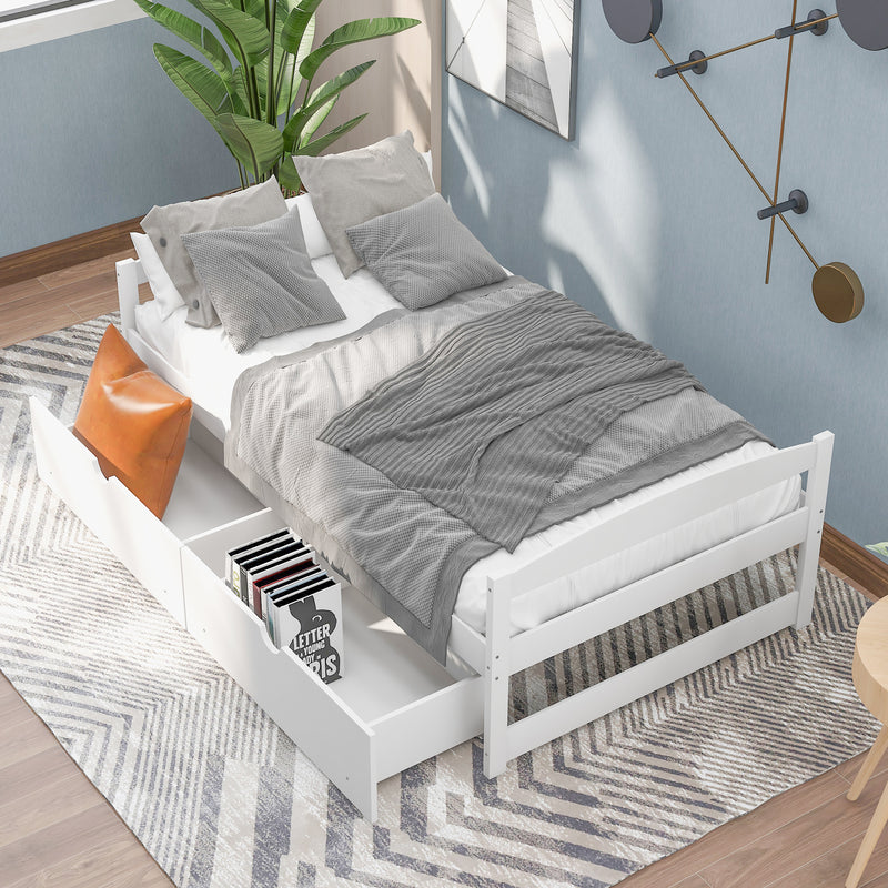 Twin size platform bed, with two drawers, white