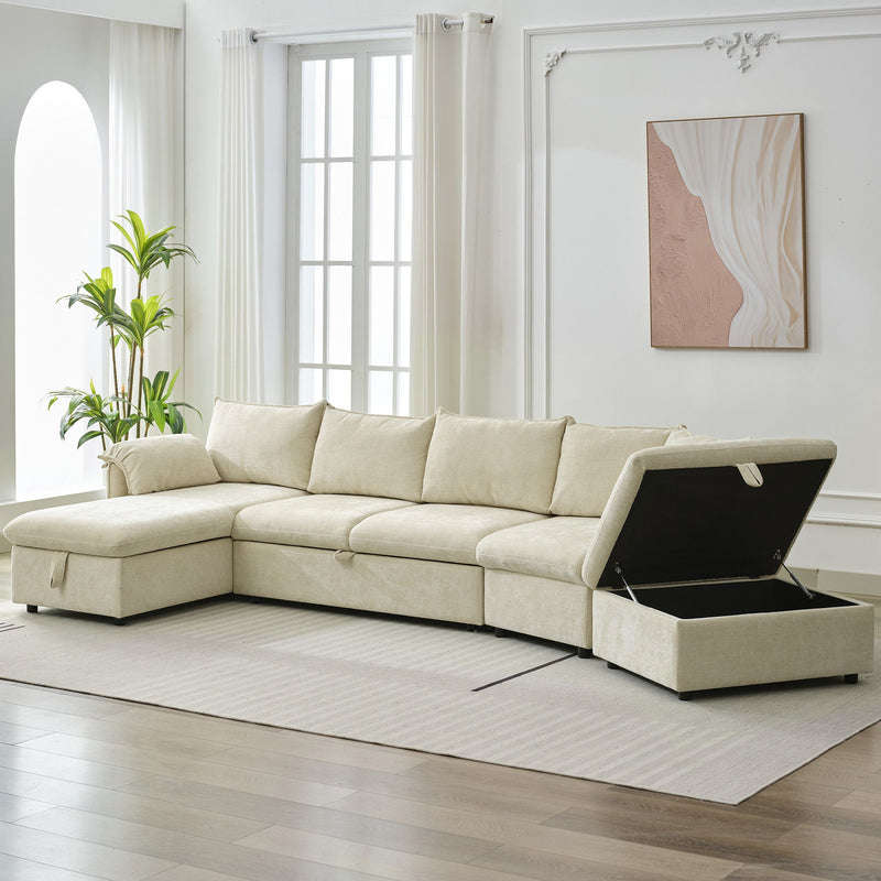 L-Shaped Sofa Sectional Sofa Couch Pull-Out Sofa Bed With A Movable Storage Ottoman, A Storage Chaise Lounge And Two USB Ports For Living Room