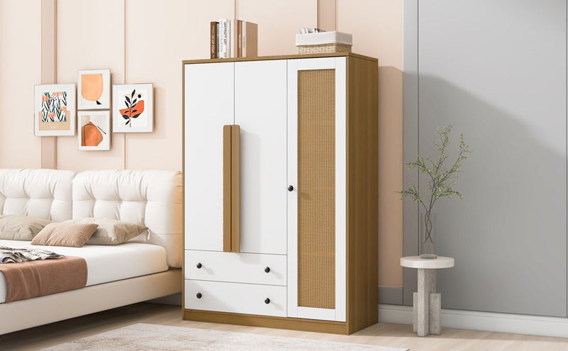 3 Doors Rattan Wardrobe Storage For Bedroom, With 2 Drawers