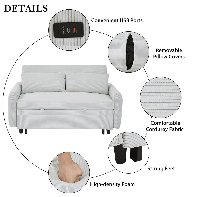 Pull-Out Sofa Bed Convertible Couch 2 Seat Loveseat Sofa Modern Sleeper Sofa With Two Throw Pillows And USB Ports For Living Room