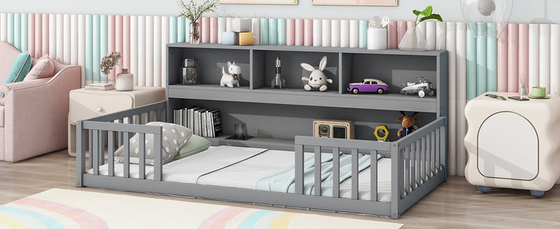 Twin Floor Bed with  Bedside Bookcase,Shelves,Guardrails,Grey