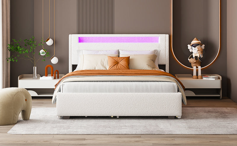 Queen Size Upholstered Platform Bed with LED Frame, with Twin  XL Size Trundle and 2 drawers, Teddy Fleece, White