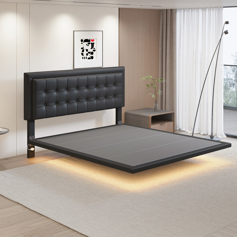 Queen Size Floating Bed Frame with Motion Activated Night Lights,Modern PU Upholstered Button Tufted Platform Bed Frame,Black