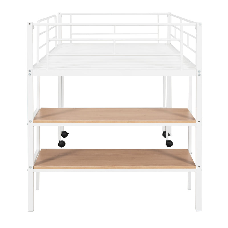 Twin Size Metal Loft Bed with Desk and Shelves,White