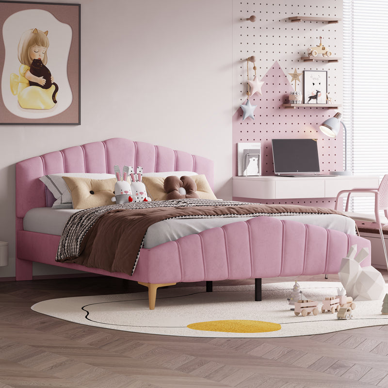 Queen Size Velvet Platform Bed with Thick Fabric, Stylish Stripe Decorated Bedboard and Elegant Metal Bed Leg, Pink