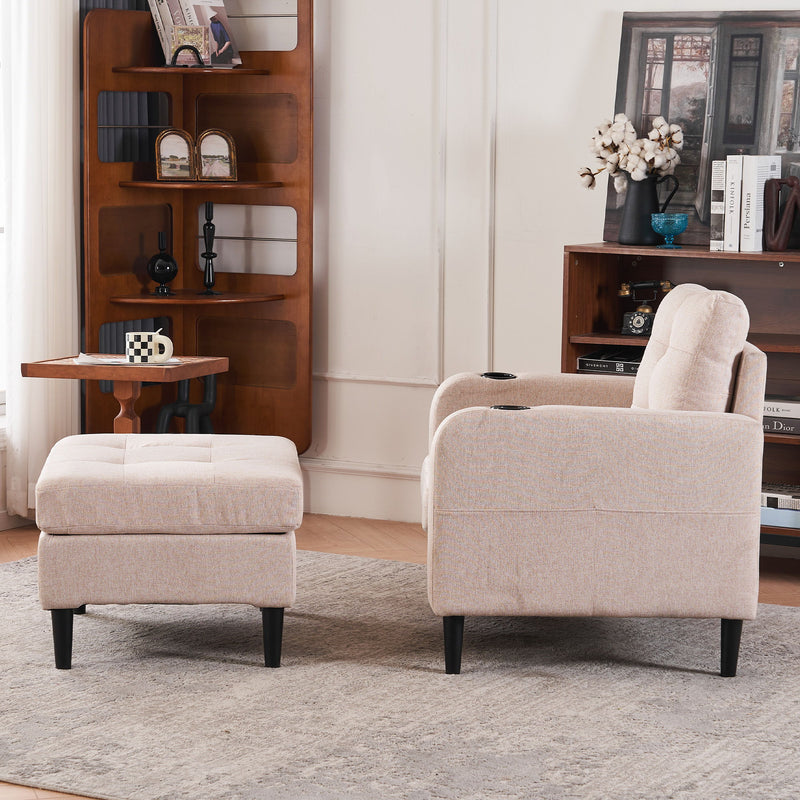 Upholstered Armchair And Storage Ottoman Set, Comfortable Single Sofa With Cup Holders And Tufted Detailing, Ideal For Living Room Or Bedroom