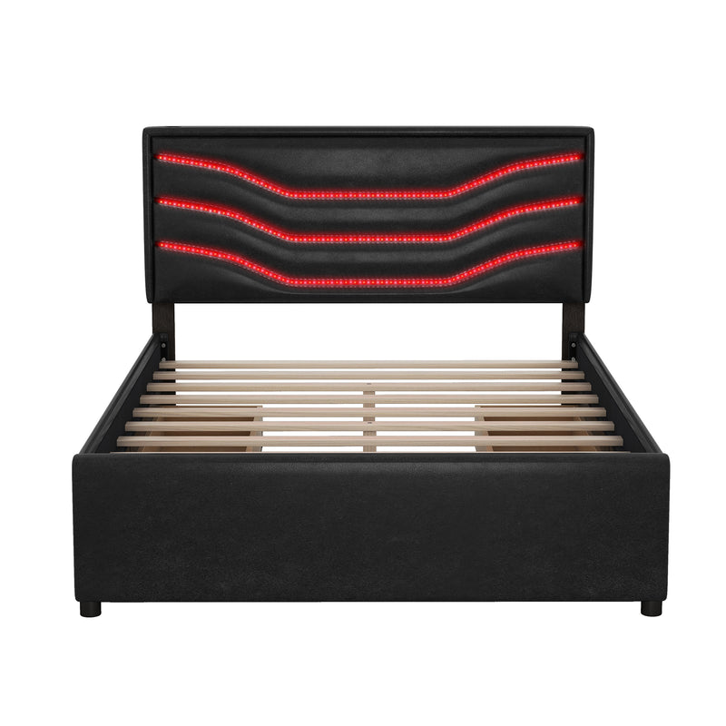 Queen Size Upholstered Storage Platform Bed with LED, 4 Drawers and USB Charging, Black