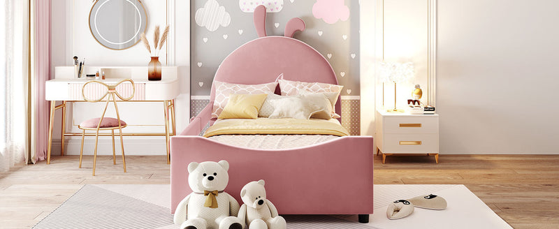 Twin Size Upholstered Daybed with Rabbit Ear Shaped Headboard, Pink