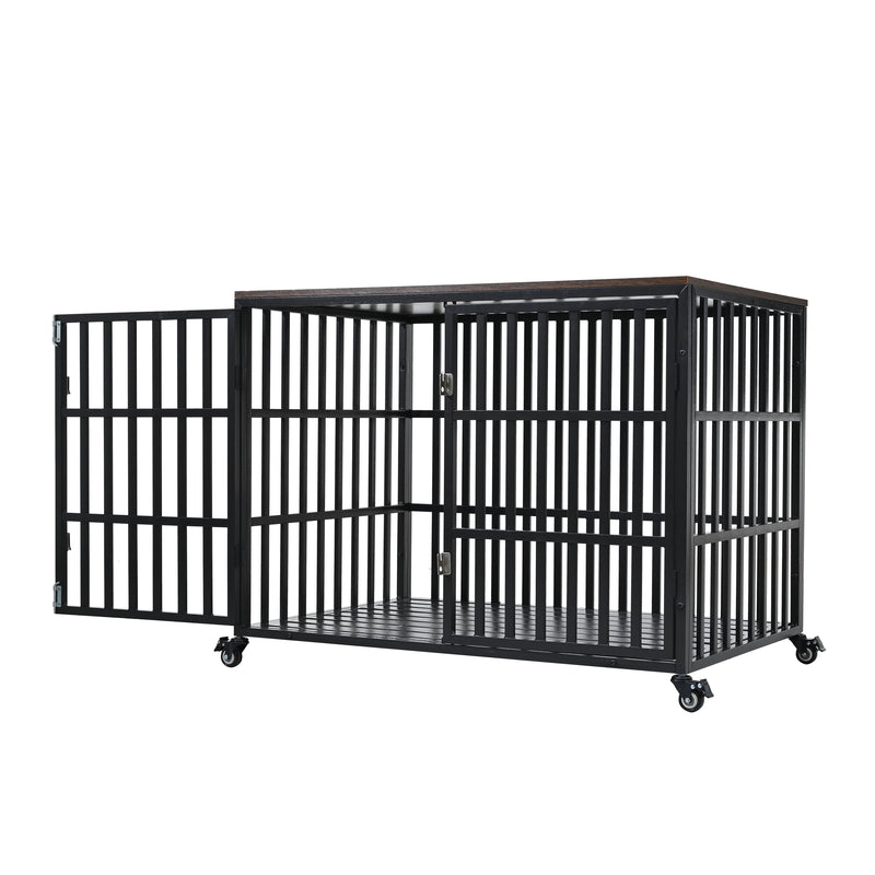 Heavy Duty Dog Crate For Large Medium Dogs, Furniture Style Cage With 4 Lockable Wheels And 2 Locks, Decorative Pet House Wooden Cage Kennel Furniture Indoor - Black