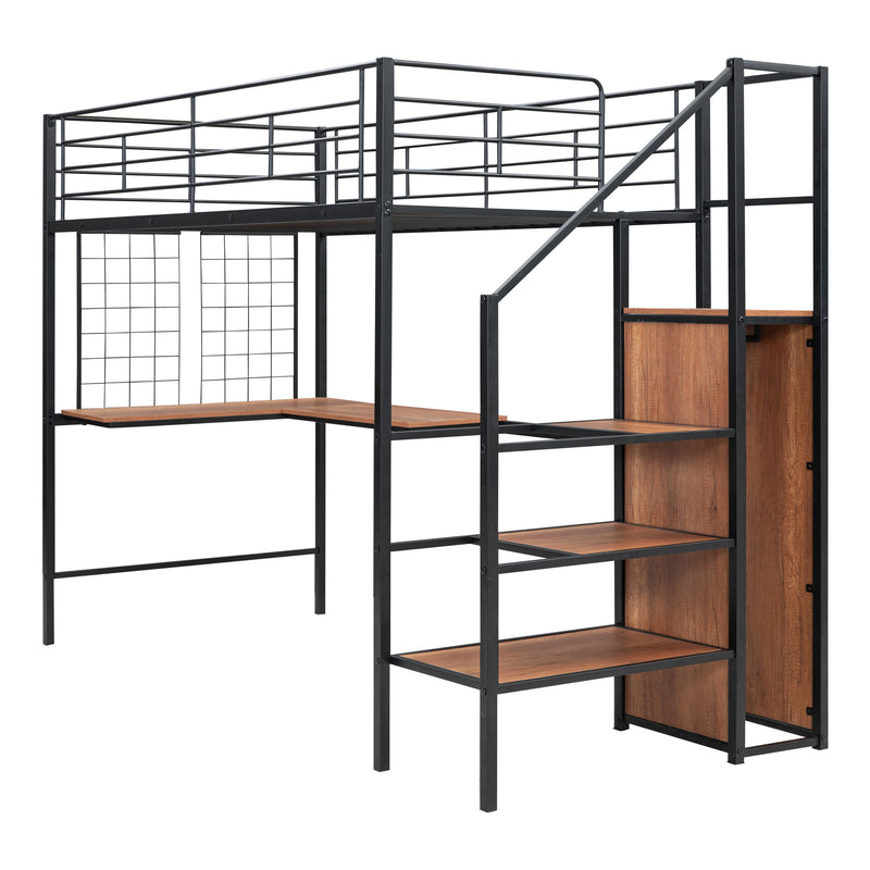 Twin Size Metal Loft Bed with Desk and Metal Grid, Stylish Metal Frame Bed with Lateral Storage Ladder and Wardrobe, Black