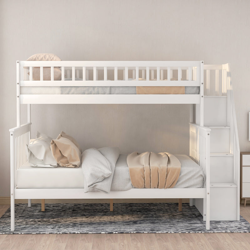 Twin over Full Stairway Bunk Bed with storage, White