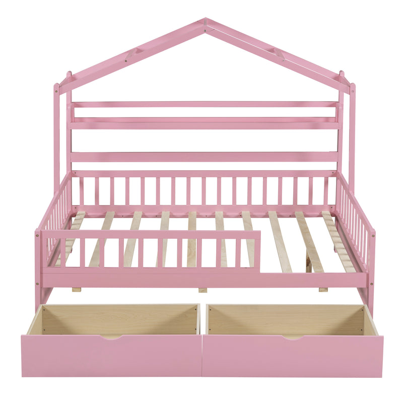 Wooden Full Size House Bed with 2 Drawers,Kids Bed with Storage Shelf, Pink