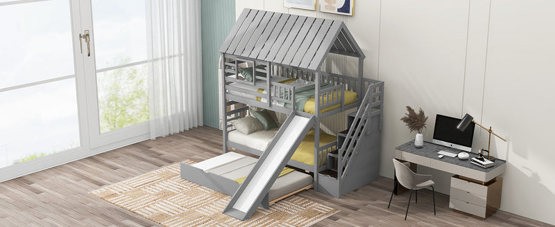 Twin over Twin House Bunk Bed with Trundle and Slide, Storage Staircase, Roof and Window Design, Gray(Old SKU: GX000931AAE)