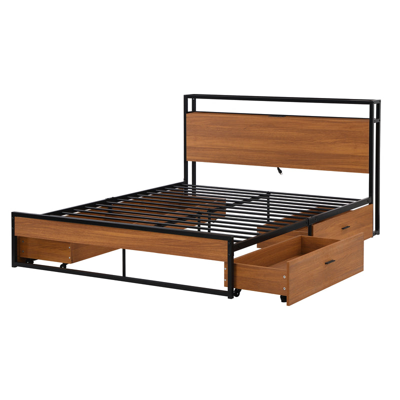 Queen Size Metal Platform Bed Frame with Four Drawers,Sockets and USB Ports ,Slat Support No Box Spring Needed Black