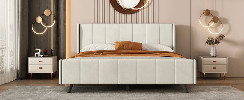 Queen Size Upholstered Platform Bed, Velvet, Beige