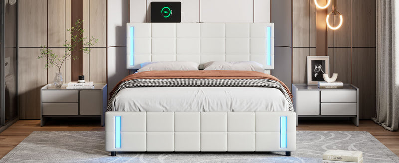 Queen Size Upholstered Platform Bed with LED Lights and USB Charging, Storage Bed with 4 Drawers, White