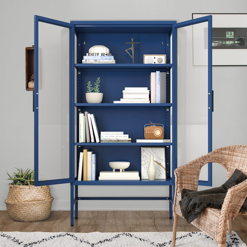 Double Glass Door Storage Cabinet with Adjustable Shelves and Feet Cold-Rolled Steel Sideboard Furniture for Living Room Kitchen BLUE