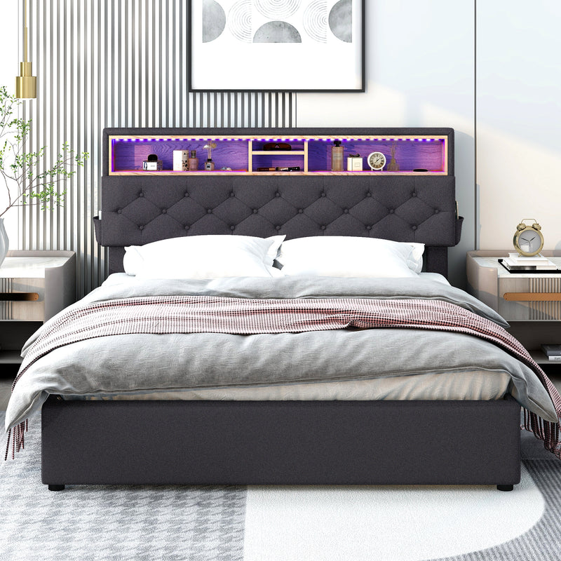 Queen Size Upholstered Platform Bed with Storage Headboard, LED, USB Charging and 2 Drawers, Dark Gray