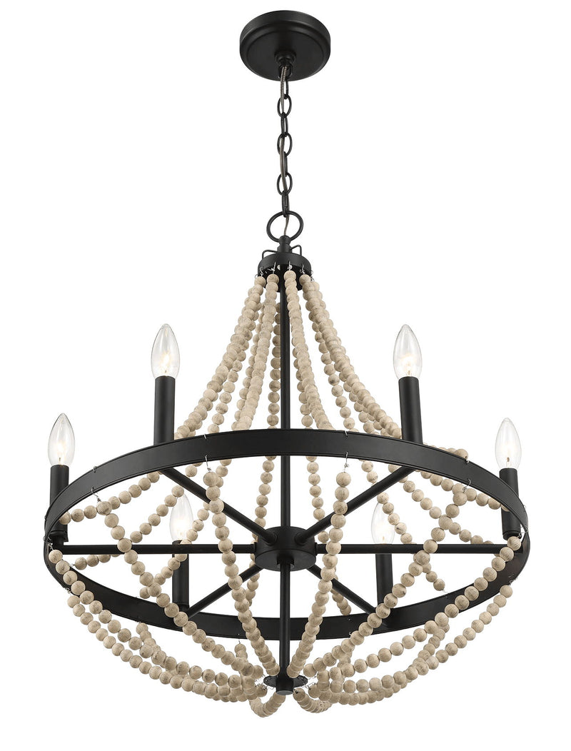 Starry - Chandelier Farmhouse Six Candle Light Wood Beaded Pendant Light For Dining Room - Black / Clear