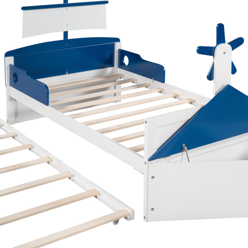 3-Pieces Bedroom Sets,Twin Size Boat-Shaped Platform Bed with  Trundle and Two Nightstands,White+Blue