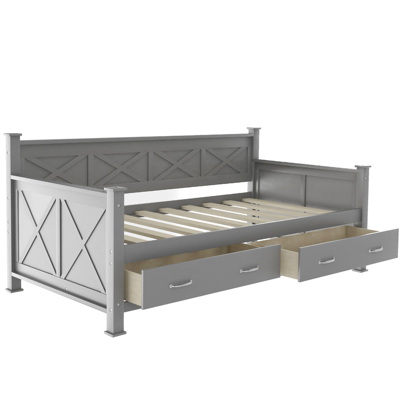 Twin Size Daybed with 2 Large Drawers, X-shaped Frame, Modern and Rustic Casual Style Daybed, Gray