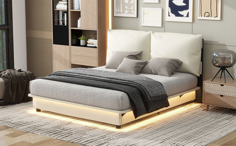 Queen Size Upholstered Platform Bed with Sensor Light and Ergonomic Design Backrests, White