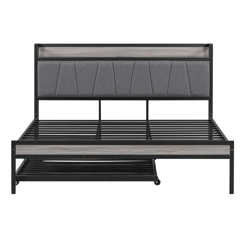 Queen Size Metal Platform Bed Frame with Twin size trundle, Upholstered headboard, Sockets, USB Ports and Slat Support, No Box Spring Needed, Black