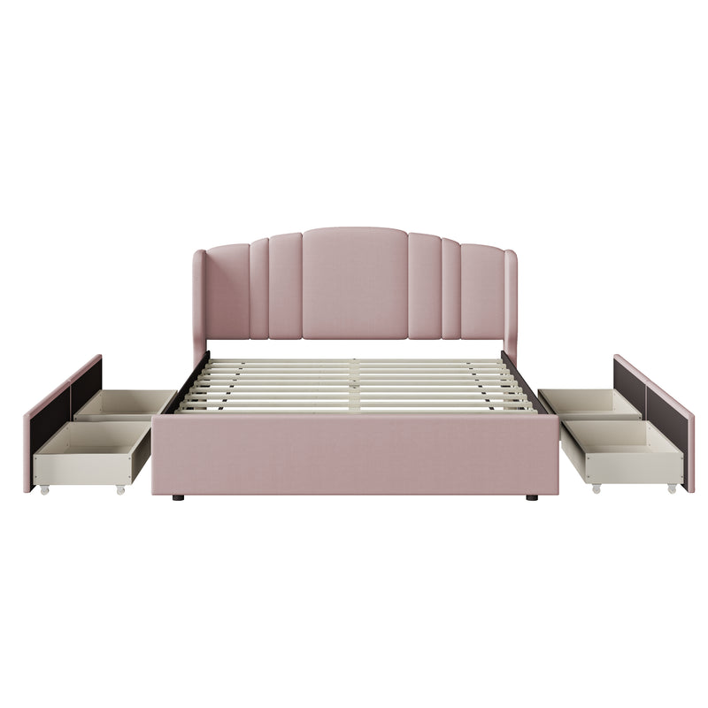 Upholstered Platform Bed with Wingback Headboard and 4 Drawers, No Box Spring Needed, Linen Fabric, Queen Size Pink