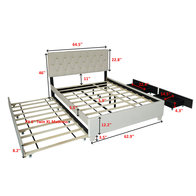 BEIGE QUEEN SIZE TRUNDLE PULL OUT DRAWERS STORAGE UPHOLSTERED BED MODERN DESIGN NO BOX SPRING REQUIRED