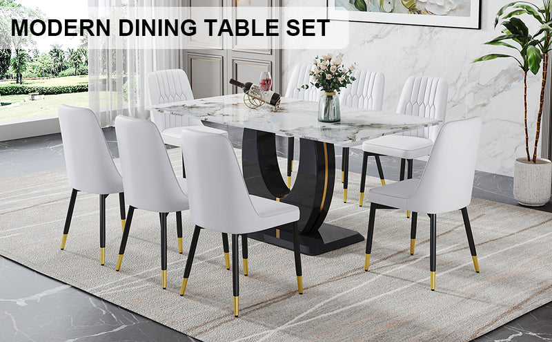 Table and chair set, modern dining table, patterned table top and black MDF leg table, soft and comfortable dining chair, perfect for dinner, meetings, home and office decor