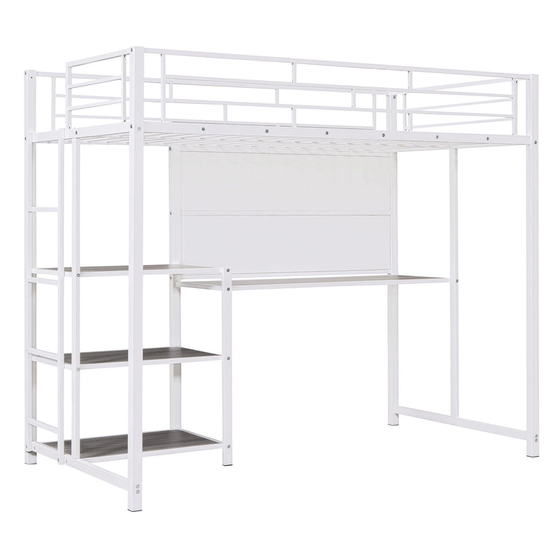 Loft Bed With Desk And Whiteboard, Metal Loft Bed With 3 Shelves And Ladder