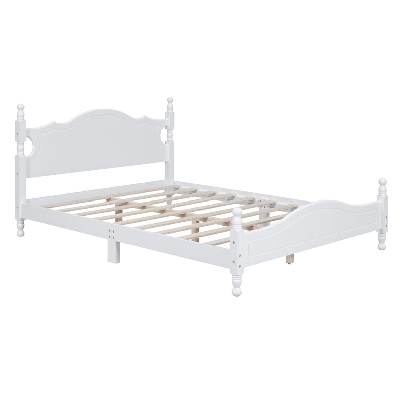 Queen Size Wood Platform Bed Frame,Retro Style Platform Bed with Wooden Slat Support,White