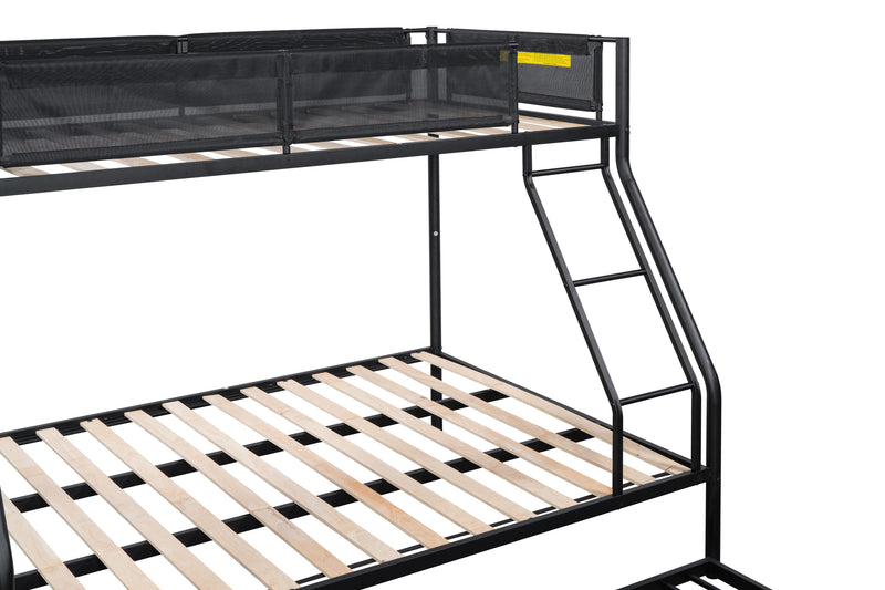 Twin over Full Metal Bunk Bed with Trundle/ Sturdy Metal Bed Frame/ Noise-Free Wood Slats/ Comfortable Textilene Guardrail/ Space-saving Trundle/ Bunk Bed for Three/ No Box Spring Needed