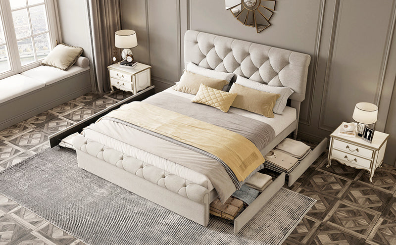 Queen size Upholstered Platform bed with Four Drawers, Antique Curved Headboard, Linen Fabric, Beige (without mattress)