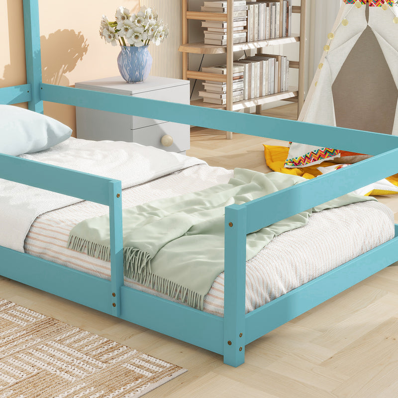 Twin Size Wood bed with House-shaped Headboard Floor bed with Fences,Light Blue