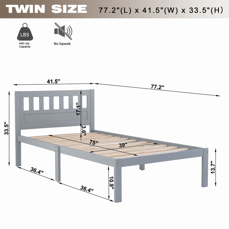 Twin Size Bed, Wood Platform Bed Frame with Headboard For Kids, Slatted, Gray