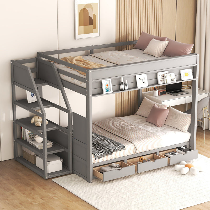 Wood Full Size Convertible Bunk Bed with Storage Staircase, Bedside Table, and 3 Drawers, Gray