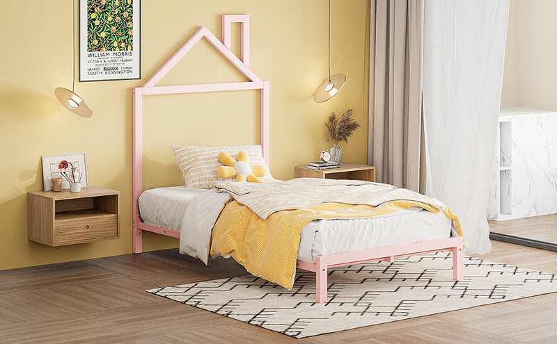 Twin Size Metal Platform Bed with House-Shaped Headboard Design, Pink