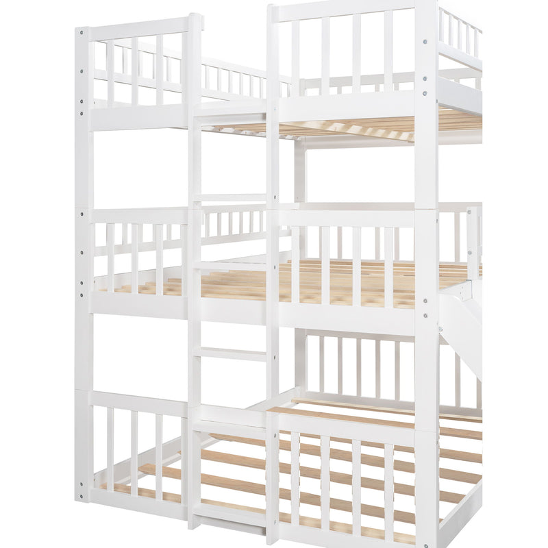 Full Over Full Over Full Triple Bed With Built-In Ladder And Slide, Triple Bunk Bed With Guardrails - White