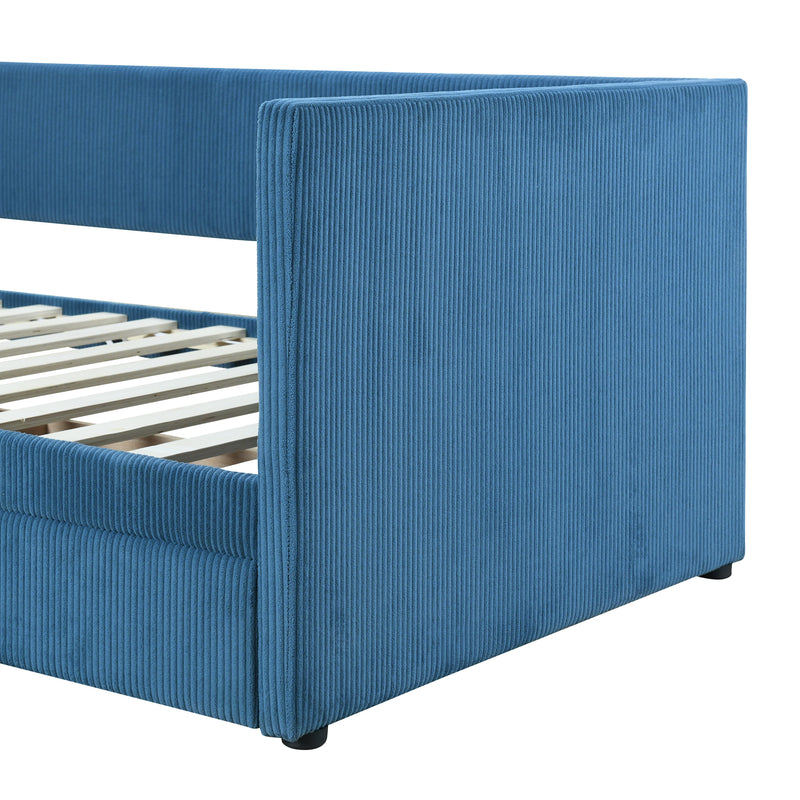 Twin Size Corduroy Daybed with Two Drawers and Wood Slat, Blue