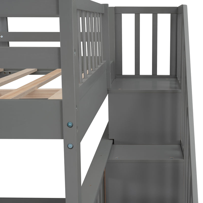 Stairway Full-Over-Full Bunk Bed with Drawer, Storage and Guard Rail for Bedroom, Gray color( old sku: LP000310AAE )