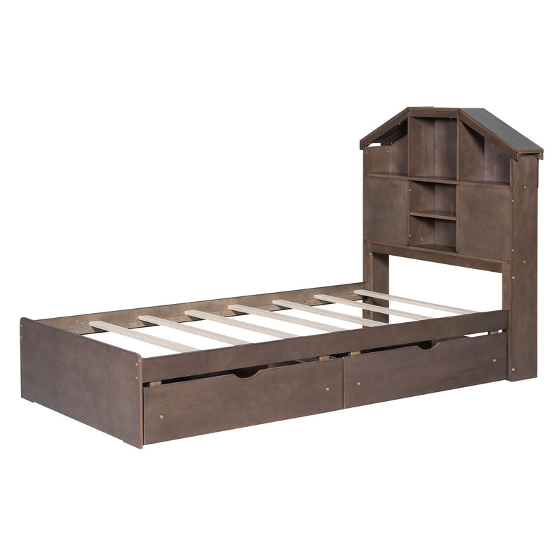 Twin Size Wood Platform Bed with House-shaped Storage Headboard and 2 Drawers, Walnut