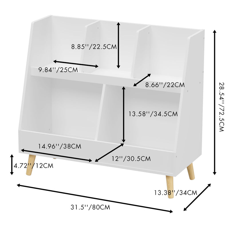 Kids Bookshelf And Toy Organizer, 5 Cubbies Wooden Open Bookcase, 2-Tier Baby Storage Display Organizer With Legs, Free Standing For Playing Room, Bedroom, Nursery, Classroom - White
