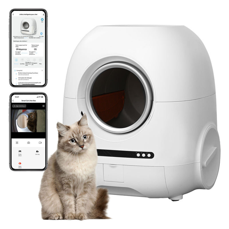 Self-Cleaning Cat Litter Box, 68L+9L, Suitable For A Variety Of Cat Litter, App Control, Real-Time Video, Photo And Video, Safe And Reliable, Ionic Deodorization, With Exhaust Hose, Support Wifi - White