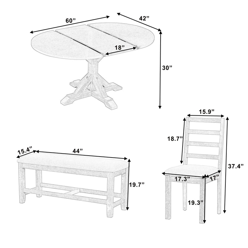 Topmax - 6 Piece Farmhouse Extendable Pedestal Dining Table Set With 18Inch Removable Leaf, Bench And 4 Ladder Back Dining Chairs